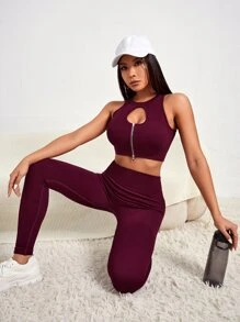 Yoga Sxy 鏤空拉鏈開襟運動套裝 - 紫紅色 - 查看 1