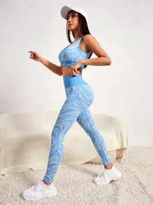 Marble Print Wide Waistband Sports Set - Blue and White - View 3