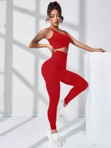 SHEIN Sport Studio Set de 2 piezas de Yoga sin costuras de alto estiramiento, traje deportivo con camiseta de tirantes cruzados y malla reductora y levantadora del glúteo para mujeres, ideal para el Año Nuevo Chino