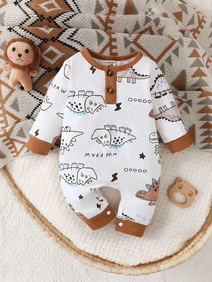 Newborn Baby Cartoon Graphic Contrast Binding Jumpsuit - White - View 1