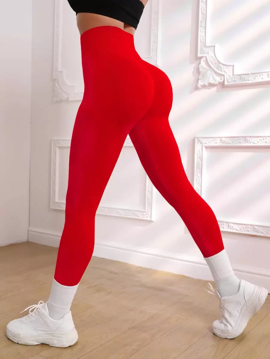 Gameset SHEIN Sport 瑜伽紧身裤 无缝高弹力收腹宽腰带运动紧身裤 适合中国新年 - 紅色 - 查看 1