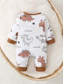 Newborn Baby Cartoon Graphic Contrast Binding Jumpsuit - White - View 2