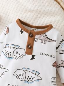Newborn Baby Cartoon Graphic Contrast Binding Jumpsuit - White - View 3