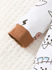 Newborn Baby Cartoon Graphic Contrast Binding Jumpsuit - White - View 5