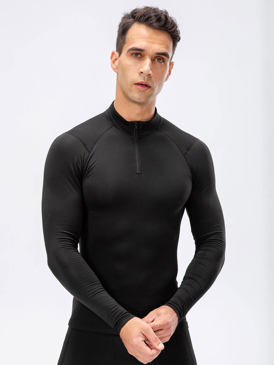 Manfinity Sport Corelite Boyfriend Style Men Quarter Zipper Raglan Sleeve Sports Tee Long Sleeve Shirt Workout Tops Breathable Compression Shirt Men - Black - View 1