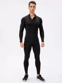 Manfinity Sport Corelite Boyfriend Style Men Quarter Zipper Raglan Sleeve Sports Tee Long Sleeve Shirt Workout Tops Breathable Compression Shirt Men - Black - View 4