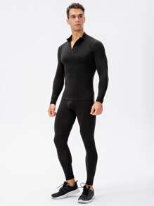 Manfinity Sport Corelite Boyfriend Style Men Quarter Zipper Raglan Sleeve Sports Tee Long Sleeve Shirt Workout Tops Breathable Compression Shirt Men - Black - View 5