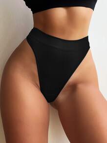 SHEIN Women's High Stretch Plain Black Briefs Casual Comfy Bikini Bottoms Underwear - Black - View 5