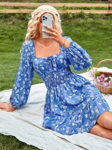 SHEIN VCAY Allover Floral Print Knot Front Shirred Lantern Sleeve Ruffle Hem Dress