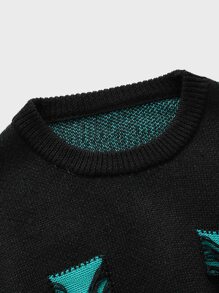 ROMWE MEN Guys Geo Pattern Fringe Trim Drop Shoulder Sweater - Black - View 3