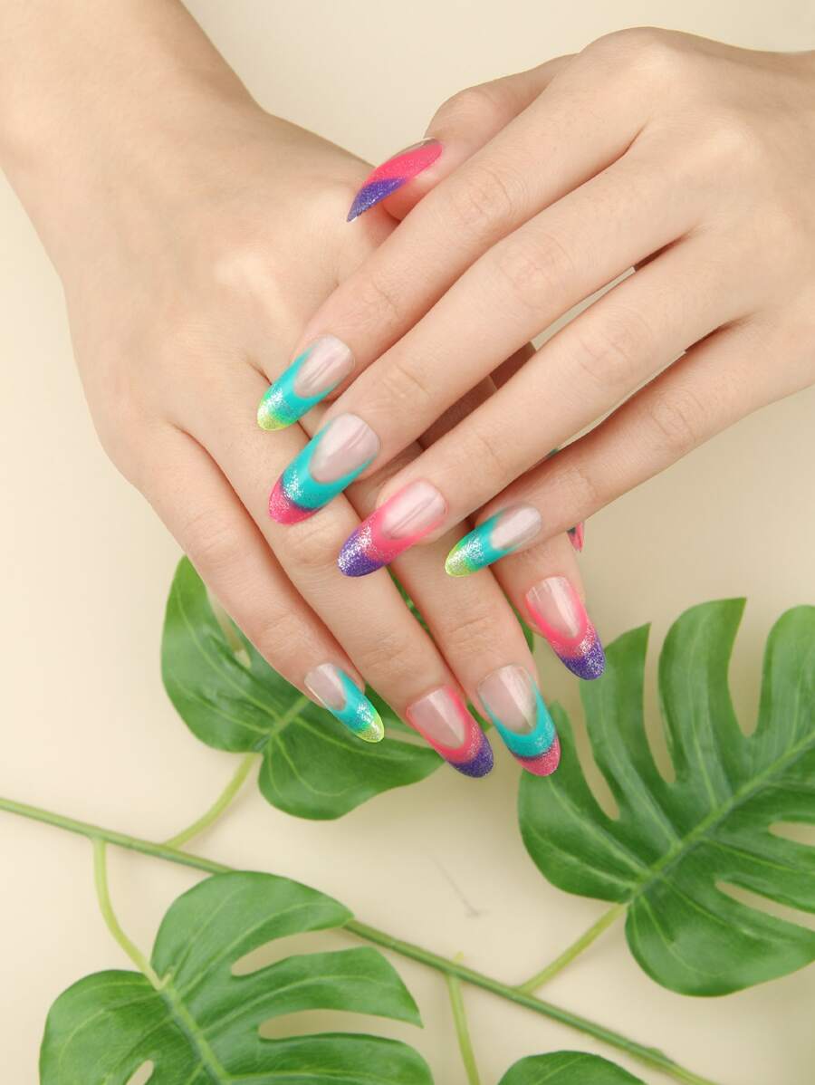 JOYME 24pcs Long Oval Color Block Fake Nail & 1pc Nail File & 1sheet Tape - Multicolor - View 1