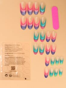 JOYME 24pcs Long Oval Color Block Fake Nail & 1pc Nail File & 1sheet Tape - Multicolor - View 2