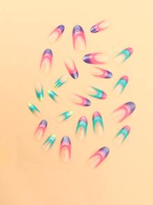 JOYME 24pcs Long Oval Color Block Fake Nail & 1pc Nail File & 1sheet Tape - Multicolor - View 5