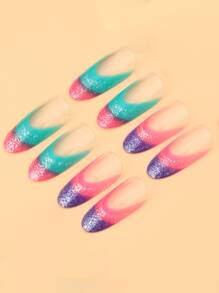 JOYME 24pcs Long Oval Color Block Fake Nail & 1pc Nail File & 1sheet Tape - Multicolor - View 6