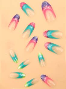 JOYME 24pcs Long Oval Color Block Fake Nail & 1pc Nail File & 1sheet Tape - Multicolor - View 7