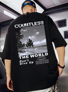 Manfinity Men Slogan & Scenery Print Drop Shoulder Tee - Black - View 1