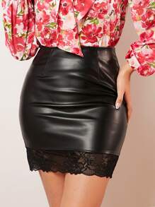 SHEIN BAE 1入組蕾絲拼接PU皮革包臀半身裙 - 黑色 - 查看 1