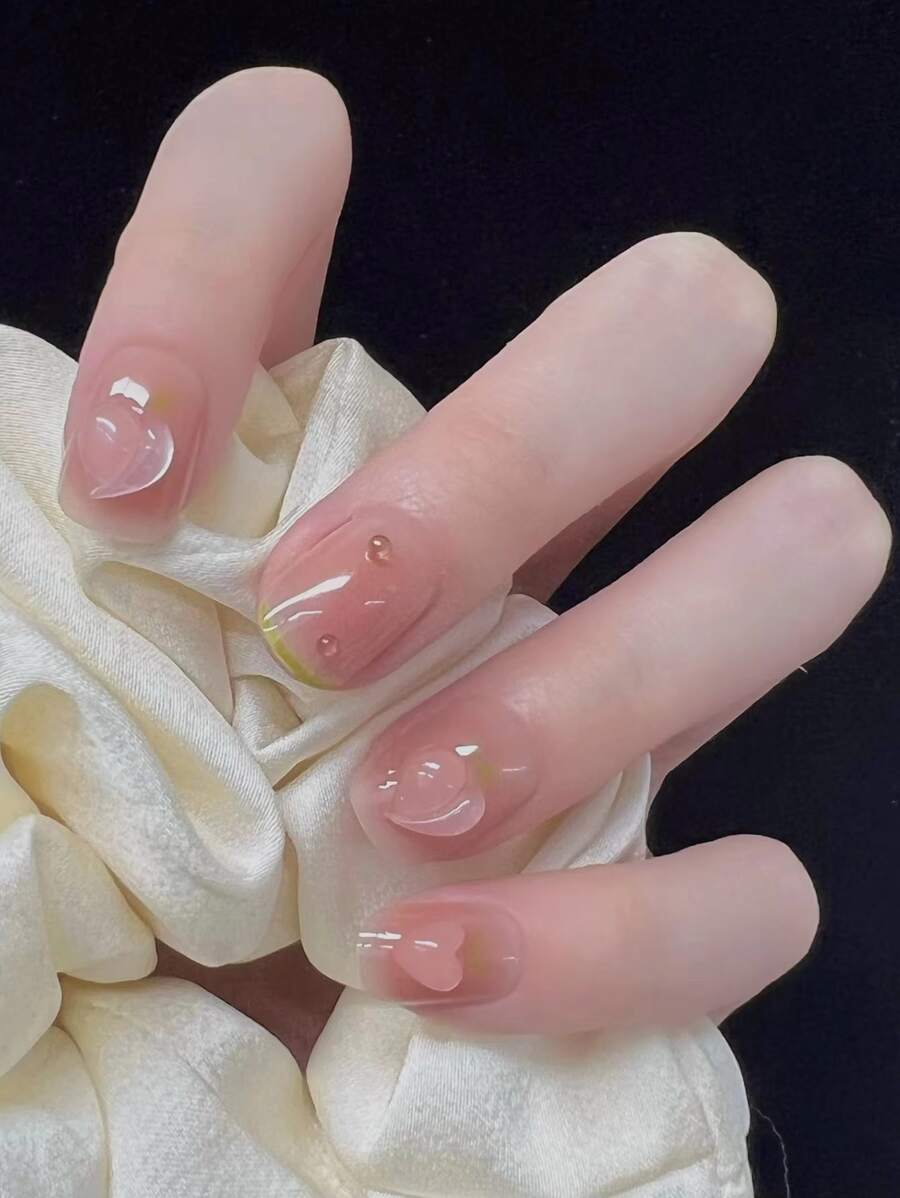 轉換你指甲片帶24入組短方形腮紅3D愛心裝飾假指甲和1入組指甲銼和1張膠帶 - 彩色 - 查看 1