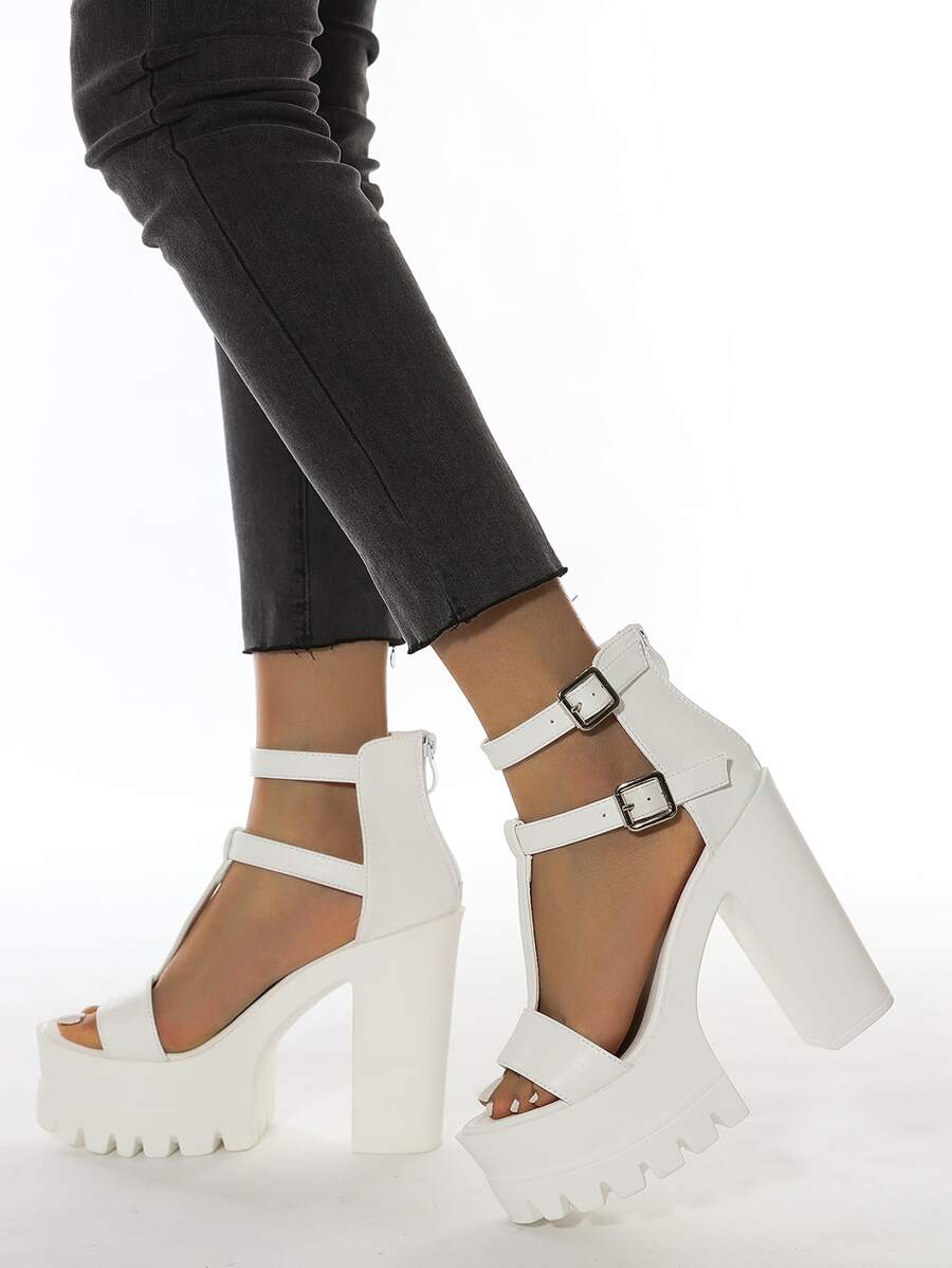 Zip Back Chunky Heeled Ankle Strap Sandals - White - View 1