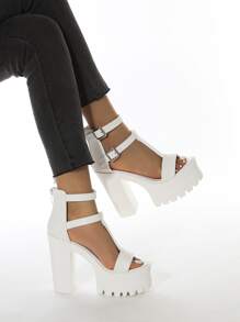 Zip Back Chunky Heeled Ankle Strap Sandals - White - View 2