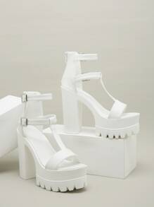 Zip Back Chunky Heeled Ankle Strap Sandals - White - View 3