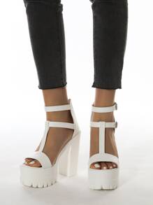Zip Back Chunky Heeled Ankle Strap Sandals - White - View 4