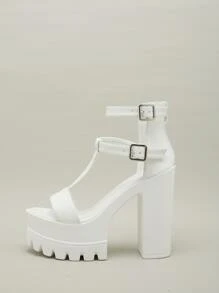 Zip Back Chunky Heeled Ankle Strap Sandals - White - View 5