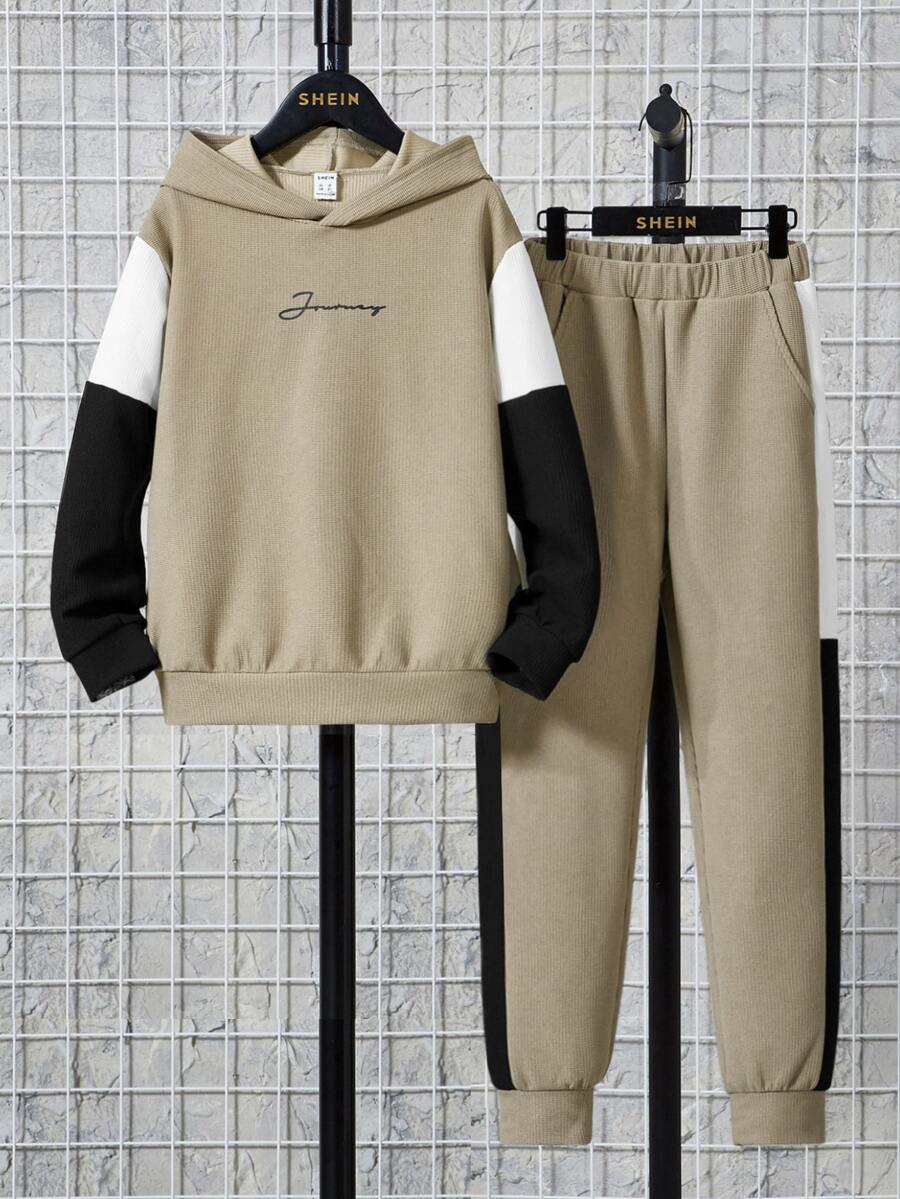 SHEIN Boys Letter Graphic Colourblock Hoodie & Joggers - Khaki - View 1