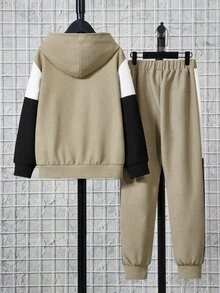 SHEIN Boys Letter Graphic Colourblock Hoodie & Joggers - Khaki - View 2