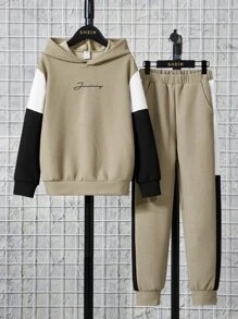 SHEIN Boys Letter Graphic Colourblock Hoodie & Joggers - Khaki - View 4