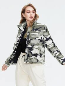 Plus Camo Print Slant Pocket Zipper Up Padded Coat - Multicolor - View 1