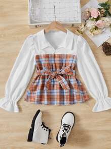 SHEIN Girls Tartan Print Flounce Sleeve Belted 2 In 1 Blouse - Multicolor - View 1
