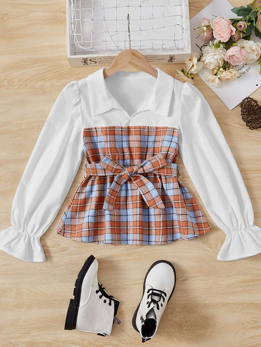SHEIN Girls Tartan Print Flounce Sleeve Belted 2 In 1 Blouse - Multicolor - View 1