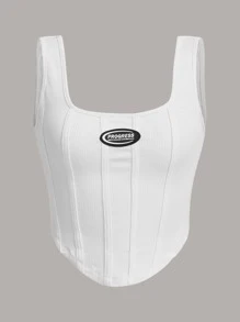 SHEIN EZwear Áo hai dây Bất đối xứng Đắp vá Gân đan Lá thư Giải trí - trắng - Xem 1