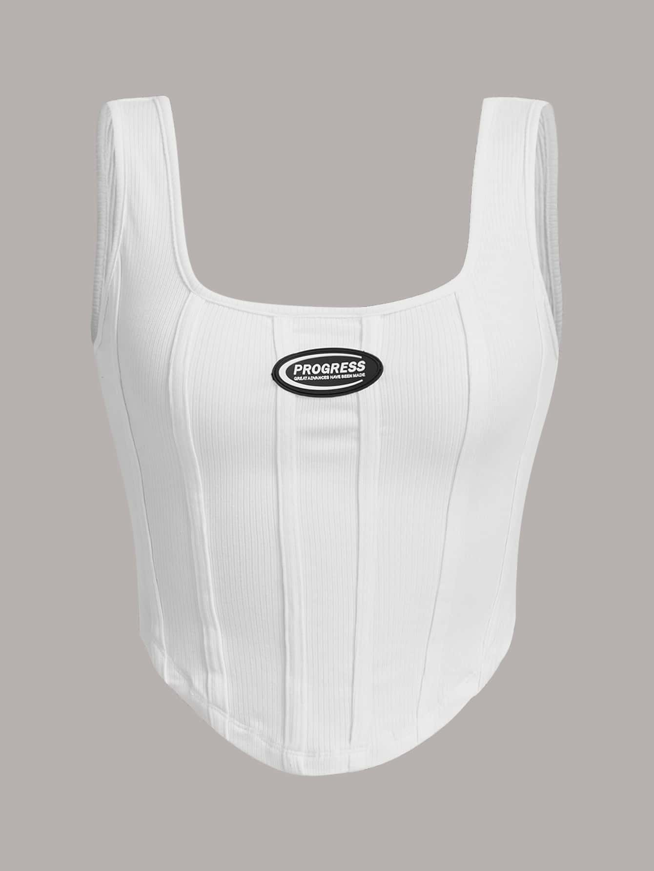 SHEIN EZwear Áo hai dây Bất đối xứng Đắp vá Gân đan Lá thư Giải trí - trắng - Xem 1