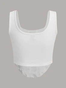 SHEIN EZwear Áo hai dây Bất đối xứng Đắp vá Gân đan Lá thư Giải trí - trắng - Xem 2