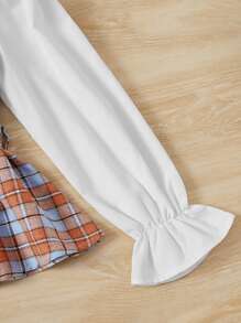 SHEIN Girls Tartan Print Flounce Sleeve Belted 2 In 1 Blouse - Multicolor - View 4