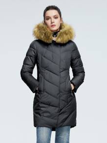 Zip Up Fuzzy Trim Hooded Padded Coat - Black - View 1