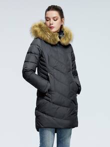 Zip Up Fuzzy Trim Hooded Padded Coat - Black - View 3