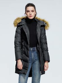 Zip Up Fuzzy Trim Hooded Padded Coat - Black - View 4