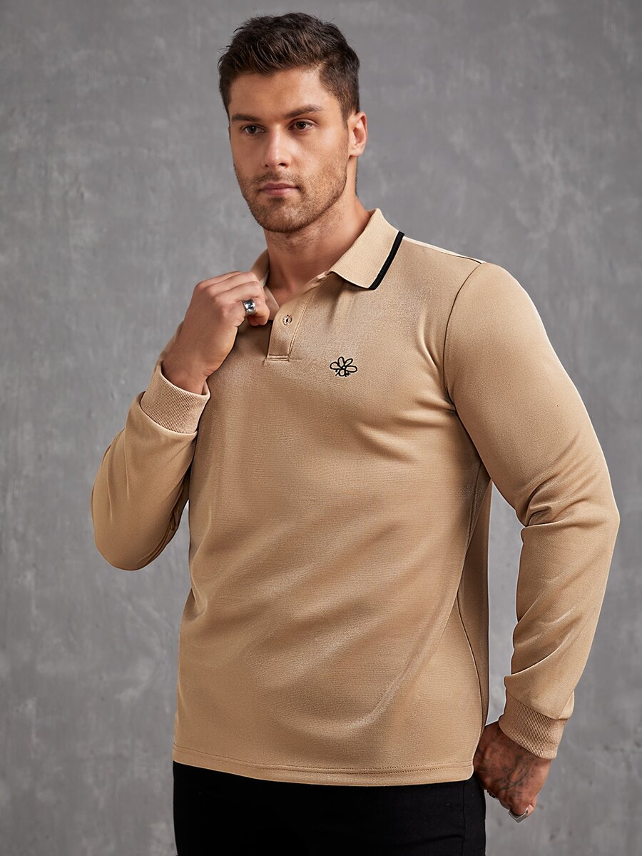 Manfinity Men Floral Embroidery Contrast Trim Polo Shirt - Khaki - View 1