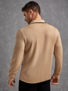 Manfinity Men Floral Embroidery Contrast Trim Polo Shirt - Khaki - View 2