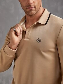 Manfinity Men Floral Embroidery Contrast Trim Polo Shirt - Khaki - View 3