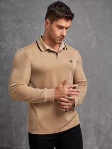 Manfinity Men Floral Embroidery Contrast Trim Polo Shirt - Khaki - View 6