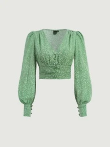 SHEIN MOD Áo sơ mi nữ Nút phía trước Họa tiết hoa Boho - màu xanh lá - Xem 2