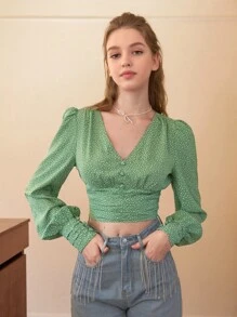 SHEIN MOD Áo sơ mi nữ Nút phía trước Họa tiết hoa Boho - màu xanh lá - Xem 3