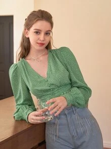 SHEIN MOD Áo sơ mi nữ Nút phía trước Họa tiết hoa Boho - màu xanh lá - Xem 4