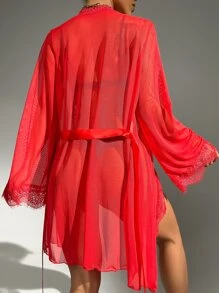 Áo choàng Nữ Thắt lưng Tương phản ren cắt màu trơn Gợi cảm - Đỏ - Xem 2