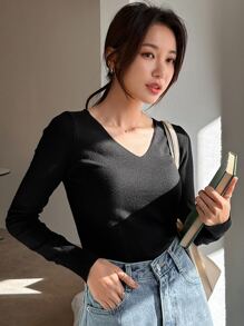 DAZY 純色v領綁帶針織毛衣 - 黑色 - 查看 1