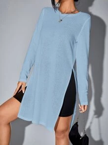 SHEIN EZwear Solid Split Hem Longline Tee - Blue - View 4